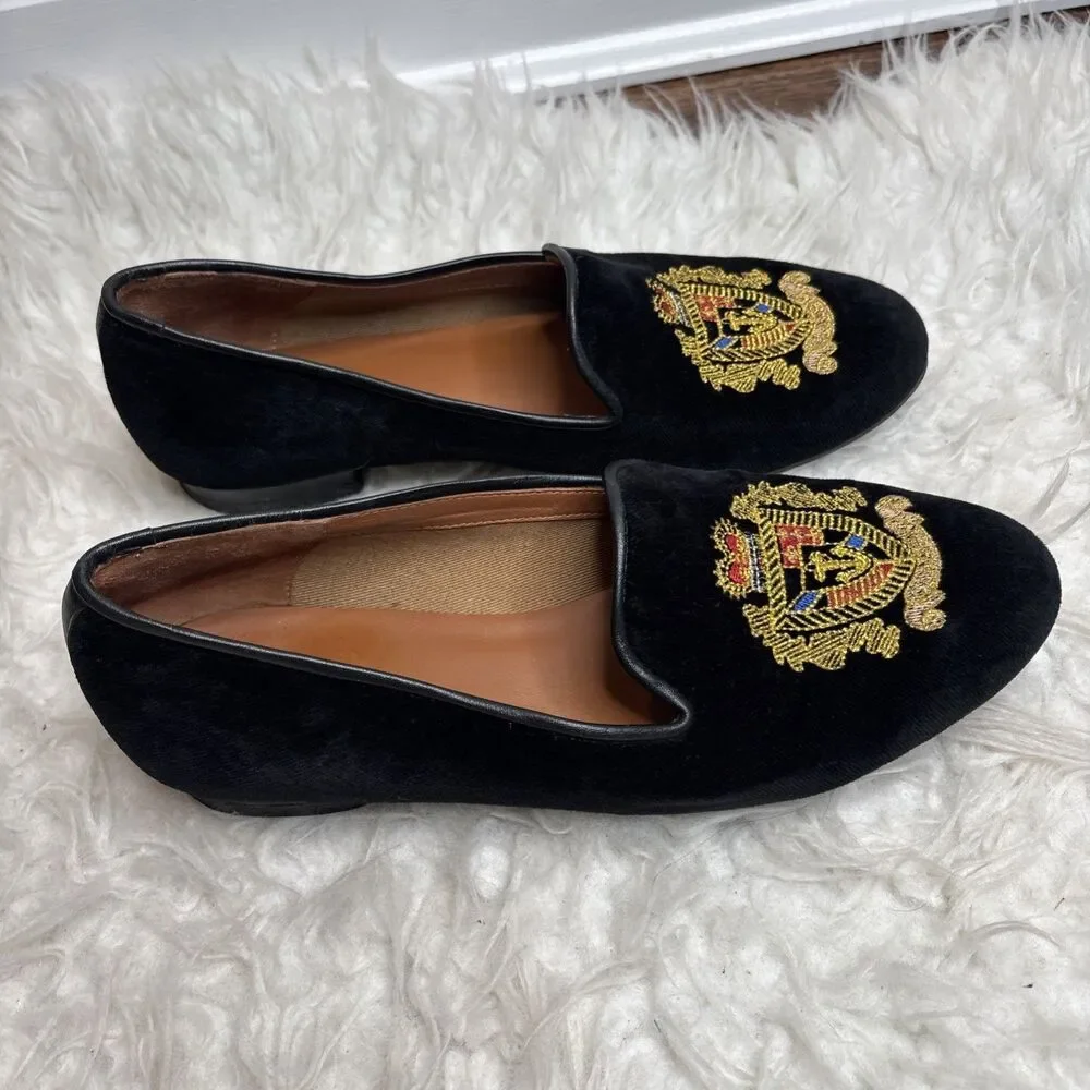 Jon Josef Black Velvet Gatsby Shield Emblem Leather Loafers Flats Shoes Size 7.5 - Picture 4 of 16